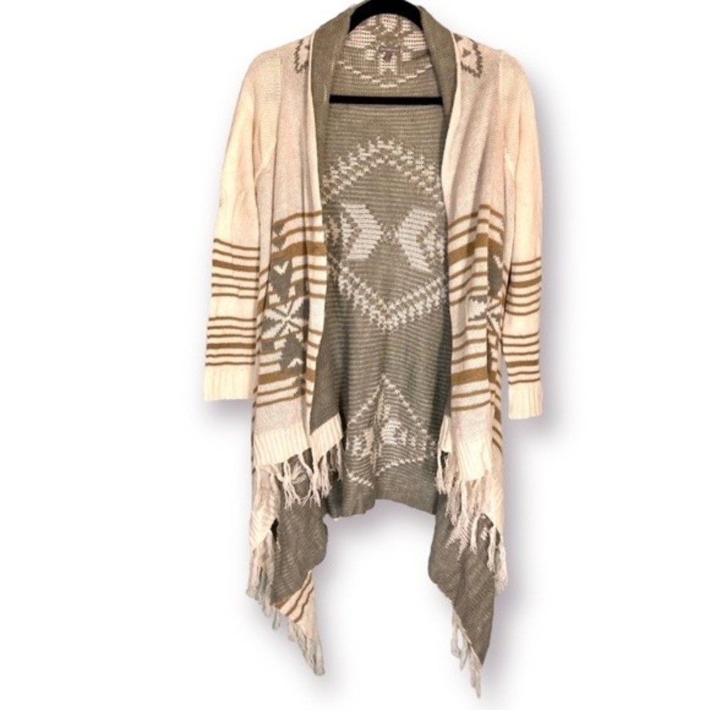 White Gray Tan Aztec Fringe Hem Kimono Size XS